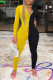 Yellow Black Casual Street Solid Patchwork Zipper Hooded Collar Skinny Jumpsuits