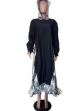 Black Street Solid Patchwork Flounce Hooded Collar A Line Dresses