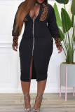 Black Sexy Leopard Patchwork Zipper Collar Pencil Skirt Dresses