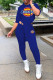 Blue Fashion Casual Print Asymmetrical Hooded Collar Half Sleeve Two Pieces