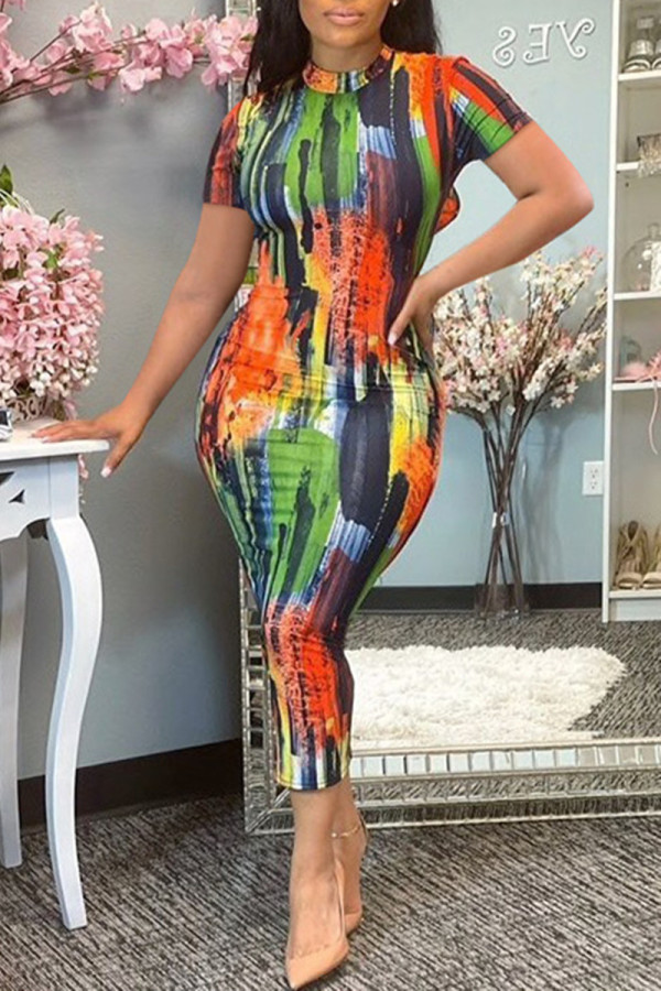 Multicolor Fashion Casual Tie Dye Printing O Neck Short Sleeve Dress