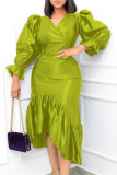 Pink Purple Fashion Casual Solid Patchwork V Neck Irregular Dress
