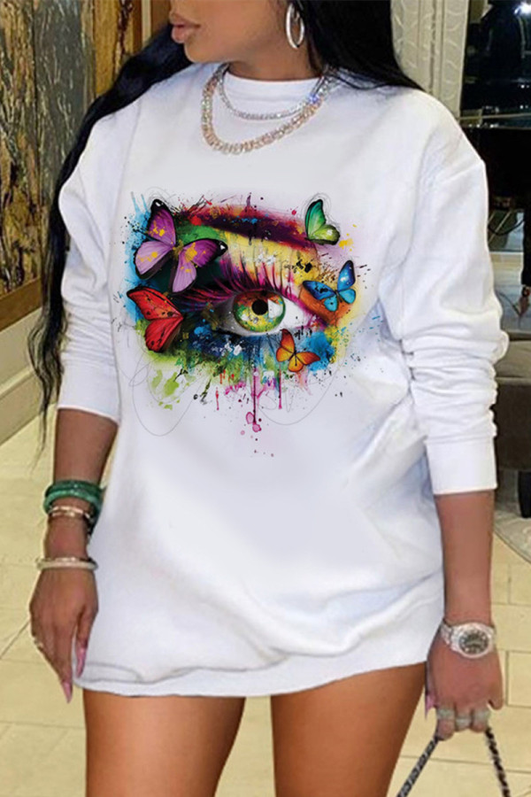White Fashion Casual Print Basic O Neck T-shirt Dress