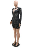 Red Fashion Sexy Hot Drilling Hollowed Out Turtleneck Long Sleeve Dresses