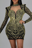 Gold Fashion Sexy Hot Drilling Hollowed Out Turtleneck Long Sleeve Dresses