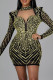Gold Fashion Sexy Hot Drilling Hollowed Out Turtleneck Long Sleeve Dresses