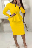 Yellow Solid Patchwork O Neck Long Sleeve Two Pieces