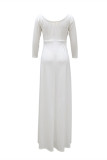 White Fashion Sexy Solid Backless Slit V Neck Long Sleeve Evening Dress