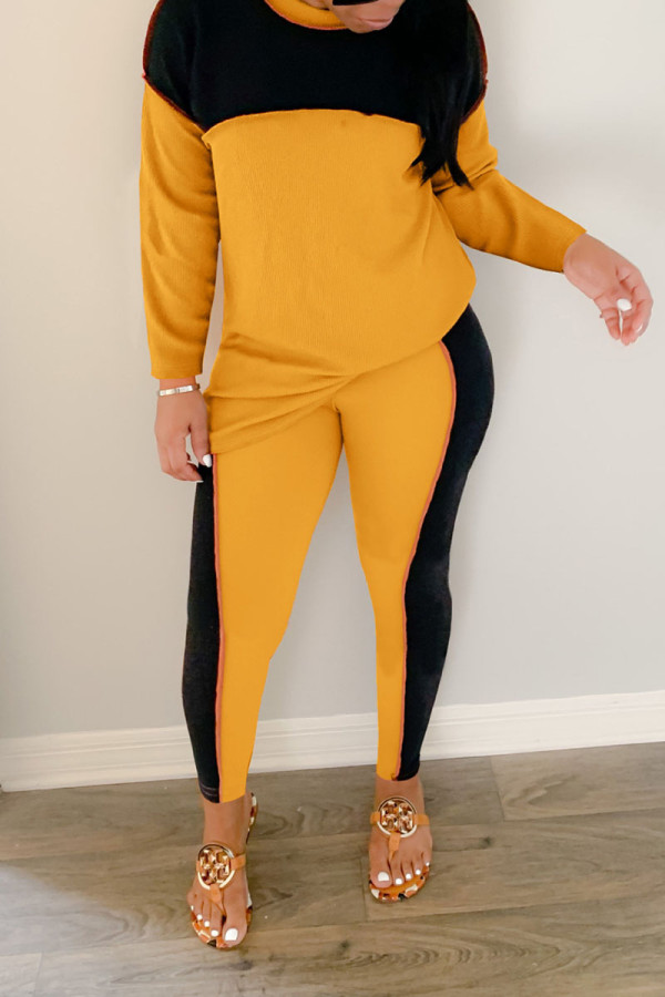 Yellow Casual Solid Patchwork O Neck Long Sleeve Two Pieces