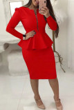 Red Solid Patchwork O Neck Long Sleeve Two Pieces