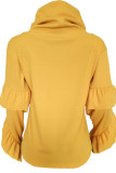 Yellow Casual Street Solid Patchwork Flounce Asymmetrical Turtleneck Tops