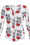 White Fashion Living Print Basic V Neck Long Sleeve Skinny Romper