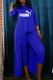 Dark Blue Fashion Casual Letter Asymmetrical O Neck Three Quarter Two Pieces