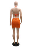 Coffee Sexy Solid Hollowed Out Backless Halter Sleeveless Dress