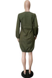 Army Green Casual Solid Split Joint O Neck Long Sleeve Dresses