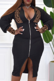 Black Sexy Leopard Patchwork Zipper Collar Pencil Skirt Dresses