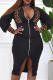 Black Sexy Leopard Patchwork Zipper Collar Pencil Skirt Dresses