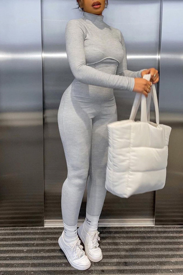 Grey Casual Solid Patchwork Turtleneck Regular Jumpsuits