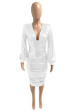 Red Fashion Sexy Solid Fold V Neck Long Sleeve Dresses