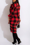 Red Fashion Casual Plaid Solid Cardigan Turndown Collar Outerwear