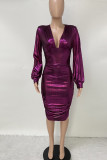 Red Fashion Sexy Solid Fold V Neck Long Sleeve Dresses