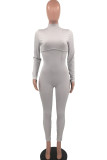 Grey Casual Solid Patchwork Turtleneck Regular Jumpsuits