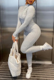 Grey Casual Solid Patchwork Turtleneck Regular Jumpsuits