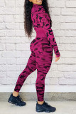Red Casual Camouflage Print Patchwork Zipper Zipper Collar Long Sleeve Two Pieces