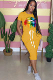 Yellow Fashion Casual Red Black Grey Blue Pink Yellow Light Blue Light Green purple Army Green Cap Sleeve Short Sleeves O neck Straight Mid-Calf Print Solid lip Dresses