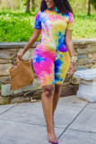 Yellow Spandex Fashion Casual adult Ma'am Print Tie Dye Two Piece Suits Straight Short Sleeve Two Pieces