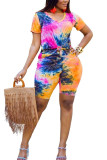 Yellow Spandex Fashion Casual adult Ma'am Print Tie Dye Two Piece Suits Straight Short Sleeve Two Pieces