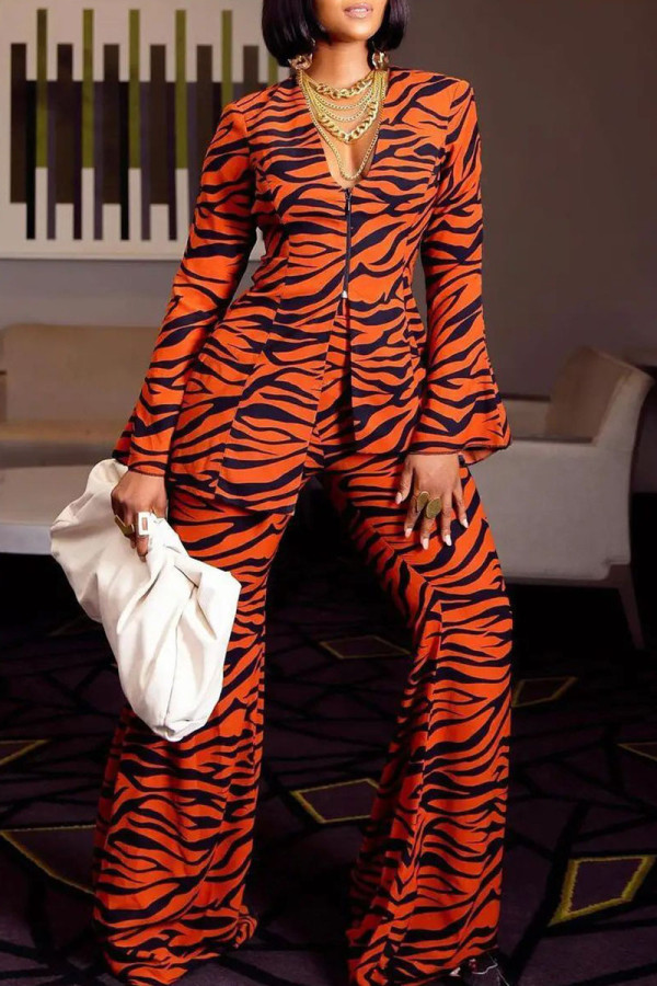 Tangerine Red Fashion Print Patchwork Zipper V Neck Long Sleeve Two Pieces