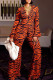 Tangerine Red Fashion Print Patchwork Zipper V Neck Long Sleeve Two Pieces