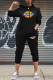 Black Fashion Street Print Patchwork Hooded Collar Long Sleeve Two Pieces