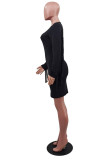 Black Fashion Casual Tassel Split Joint O Neck Long Sleeve Dresses
