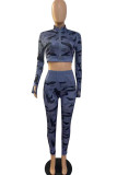Red Casual Camouflage Print Patchwork Zipper Zipper Collar Long Sleeve Two Pieces