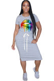Grey Fashion Casual Red Black Grey Blue Pink Yellow Light Blue Light Green purple Army Green Cap Sleeve Short Sleeves O neck Straight Mid-Calf Print Solid lip Dresses