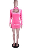 Pink Sexy Solid Hollowed Out Split Joint O Neck Pencil Skirt Dresses