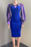 Blue Fashion Elegant Print Split Joint O Neck Pencil Skirt Dresses