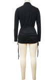 Black Fashion Casual Solid Draw String Turndown Collar Long Sleeve Two Pieces