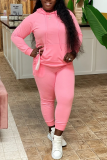 Pink Casual Solid Split Joint Hooded Collar Plus Size Two Pieces