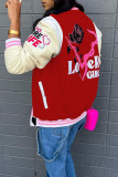 Red Casual Street Print Patchwork Buckle Outerwear