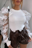 White Fashion Casual Patchwork See-through O Neck Tops