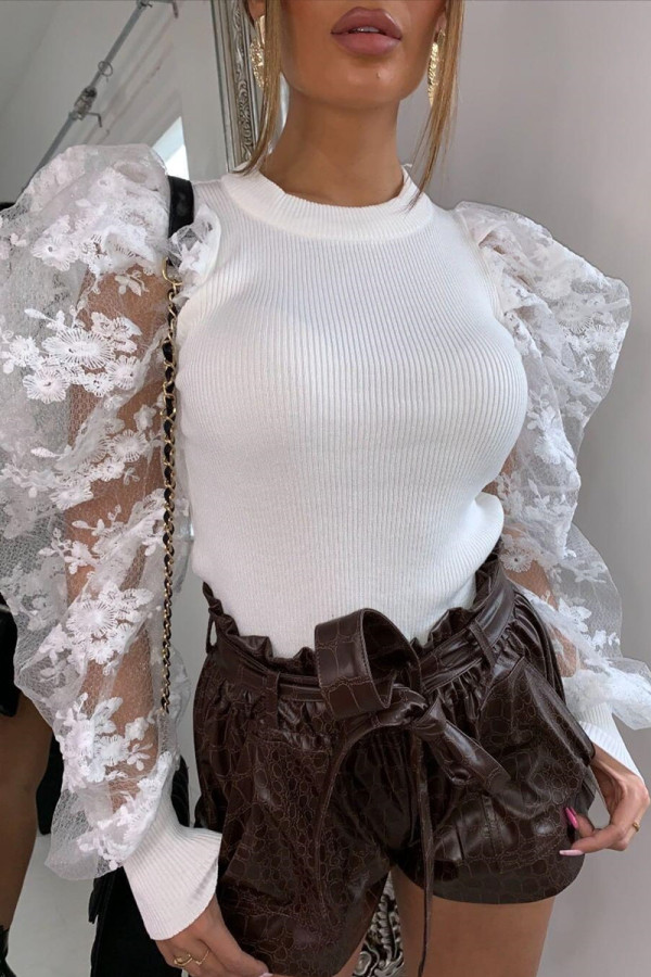 White Fashion Casual Patchwork See-through O Neck Tops