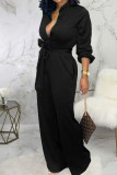 Rose Red Casual Solid Bandage Split Joint Buckle Turndown Collar Straight Jumpsuits