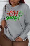Grey Vintage Cute Print Patchwork O Neck Tops