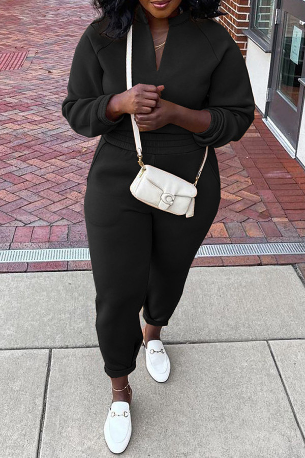Black Fashion Casual Solid Basic V Neck Long Sleeve Two Pieces