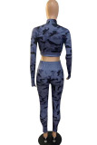 Red Casual Camouflage Print Patchwork Zipper Zipper Collar Long Sleeve Two Pieces