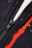 Black Casual Print Pocket Zipper Collar Long Sleeve Two Pieces