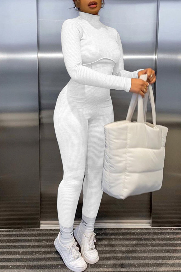 White Casual Solid Patchwork Turtleneck Regular Jumpsuits
